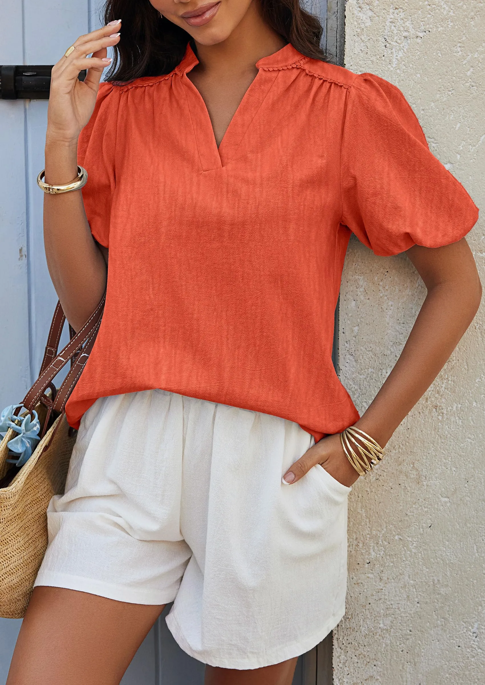 Casual V Neck Short Puff Sleeve Pleated Cotton Loose Blouses