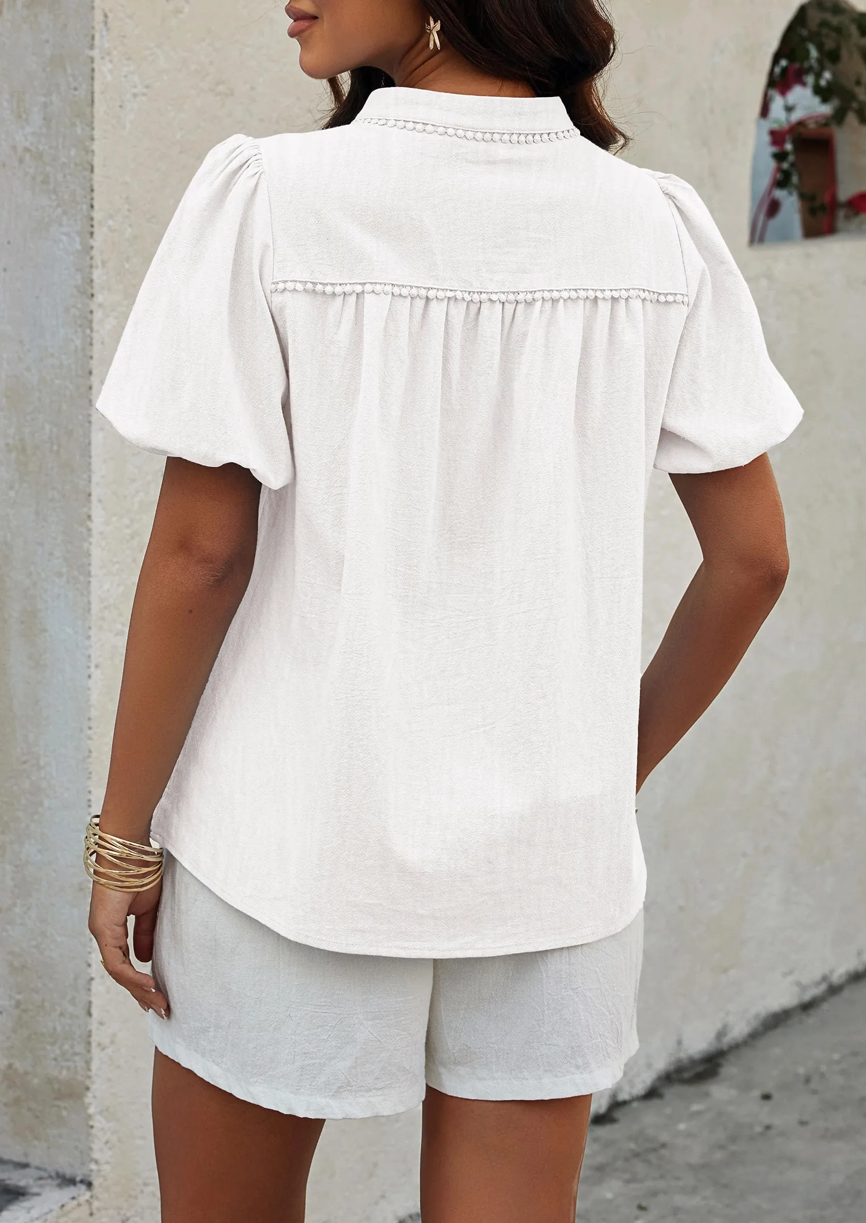 Casual V Neck Short Puff Sleeve Pleated Cotton Loose Blouses