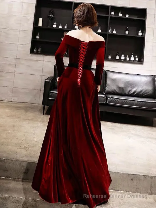 Classic Evening Dresses Velvet Long Sleeve Off Shoulder Maxi Dresses