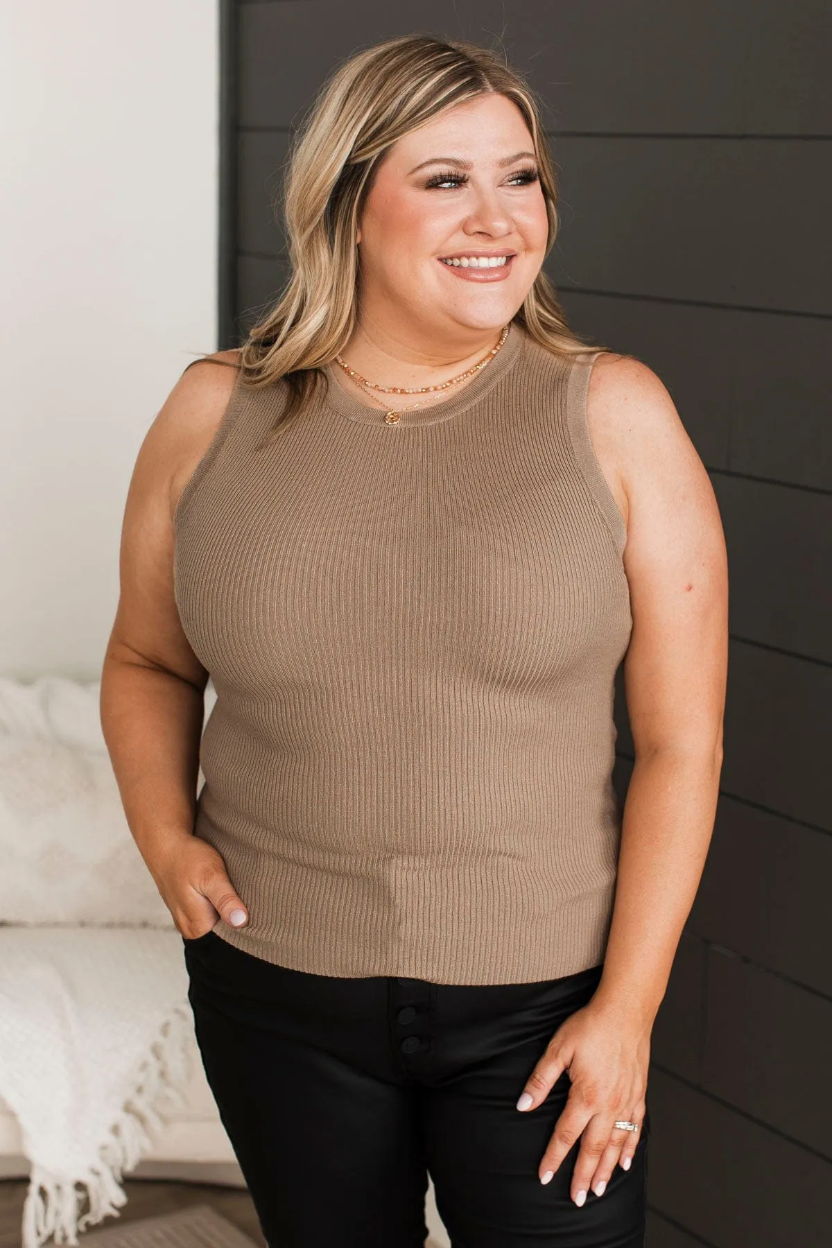 Cool Ambition Ribbed Tank Top- Taupe