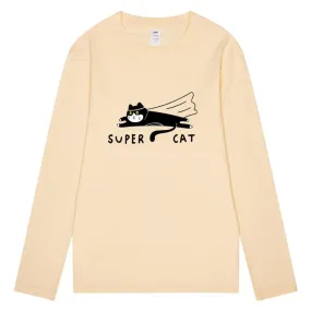 CORIRESHA Unisex Funny Run Cat Crewneck Long Sleeves Cozy Cotton Cute T-Shirts