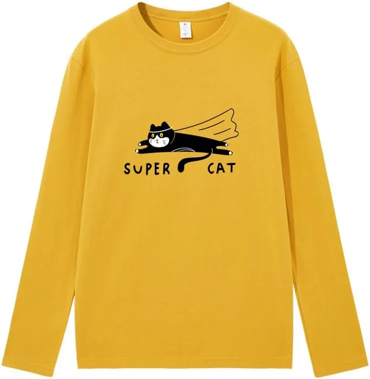 CORIRESHA Unisex Funny Run Cat Crewneck Long Sleeves Cozy Cotton Cute T-Shirts