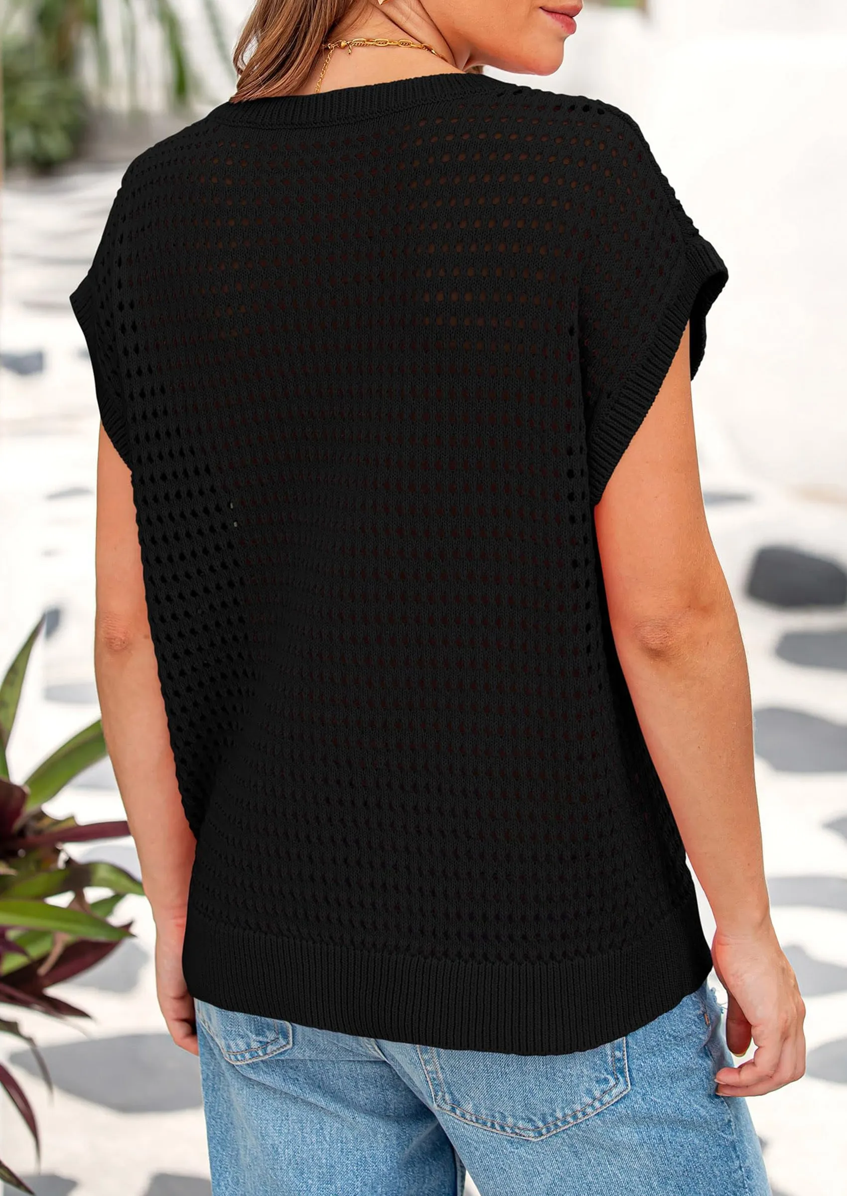 Crochet Cap Sleeve Crew Neck Beach Pullover Cover Ups Shirts