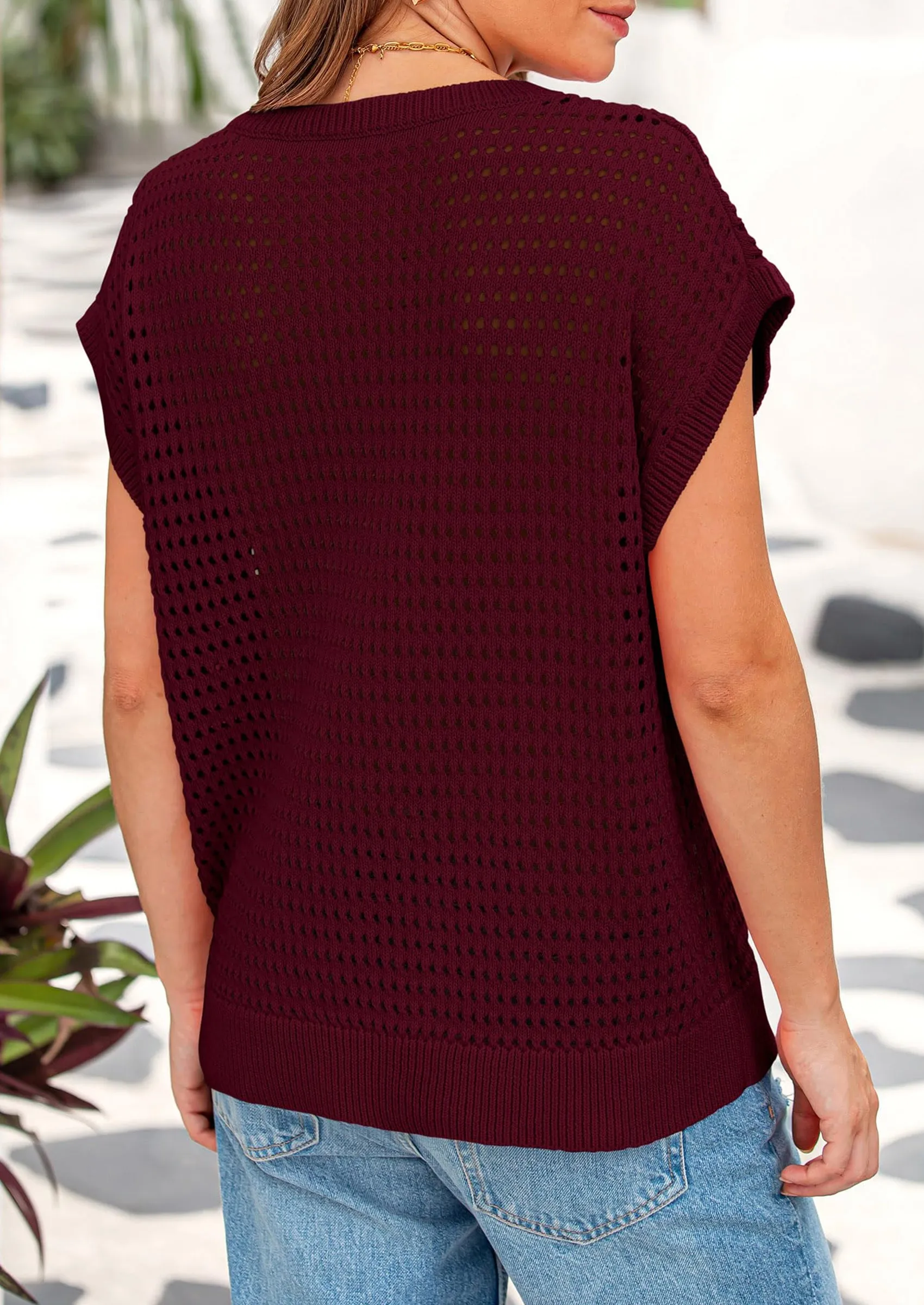 Crochet Cap Sleeve Crew Neck Beach Pullover Cover Ups Shirts