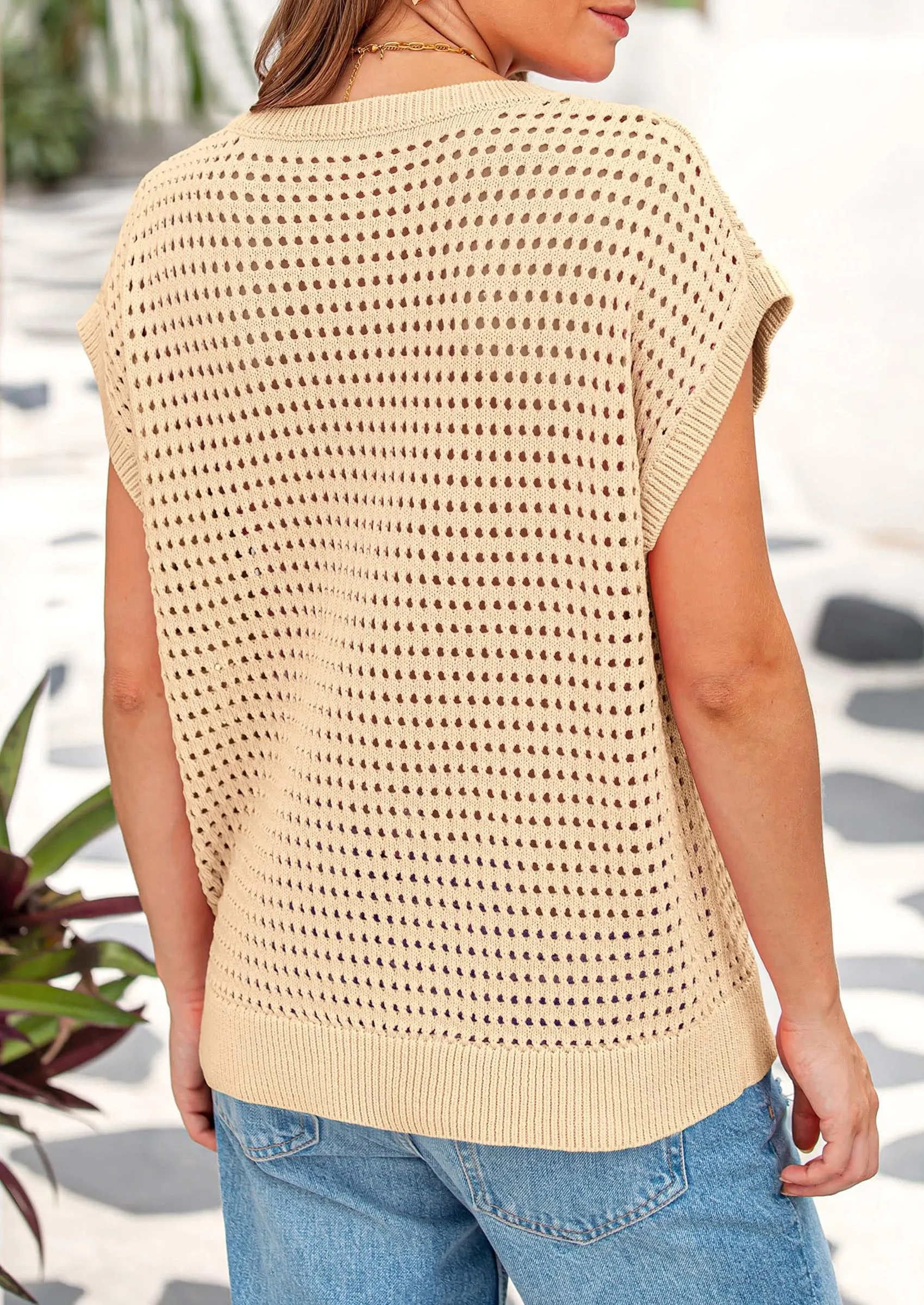 Crochet Cap Sleeve Crew Neck Beach Pullover Cover Ups Shirts