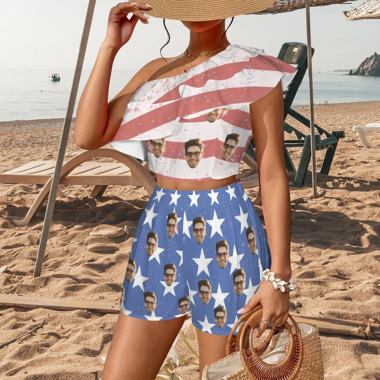 Custom Face American Flag Style Beach Outfits Personalized Women's One Shoulder Ruffle Trim Top & Shorts Set