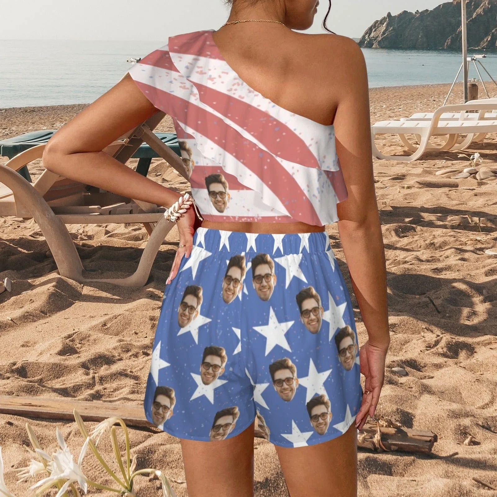 Custom Face American Flag Style Beach Outfits Personalized Women's One Shoulder Ruffle Trim Top & Shorts Set