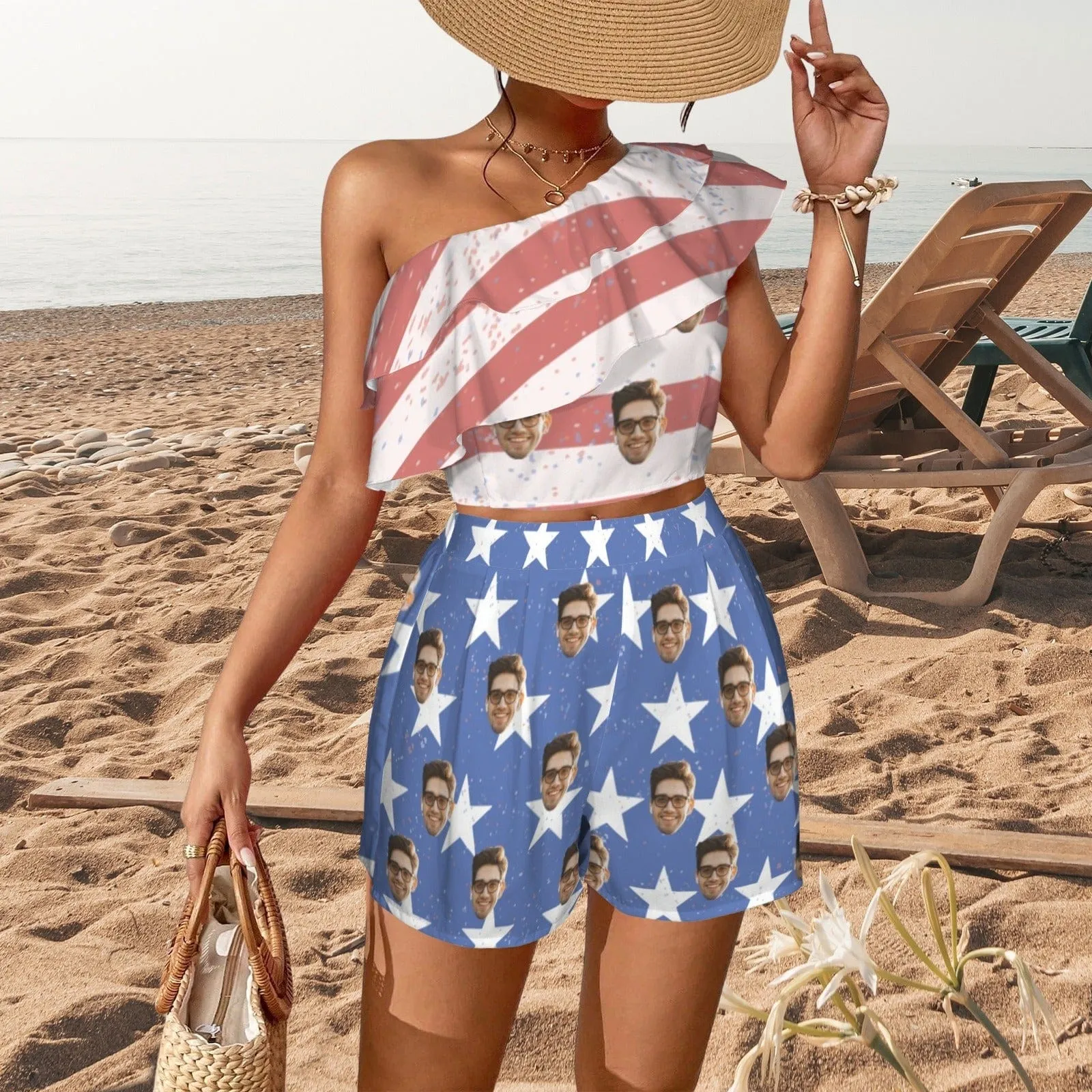 Custom Face American Flag Style Beach Outfits Personalized Women's One Shoulder Ruffle Trim Top & Shorts Set