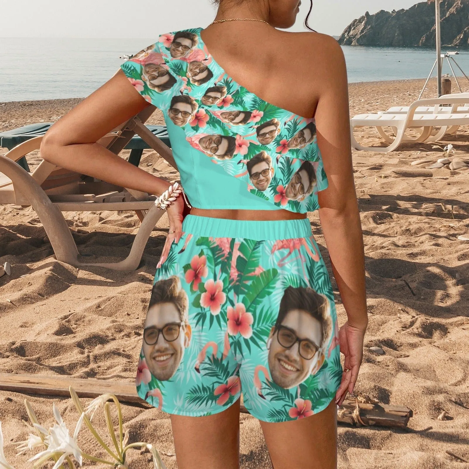 Custom Face Blue Beach Outfits Personalized Women's One Shoulder Ruffle Trim Top & Shorts Set