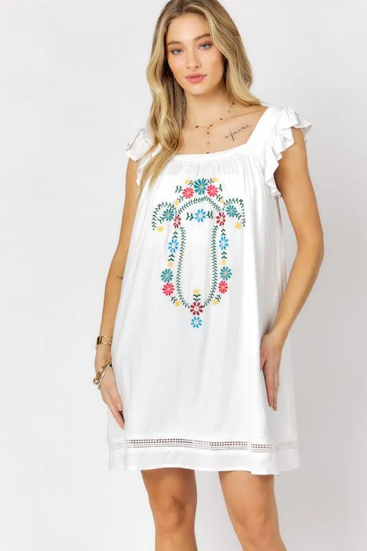 Davi & Dani Embroidered Square Neck Mini Dress