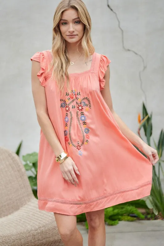 Davi & Dani Embroidered Square Neck Mini Dress