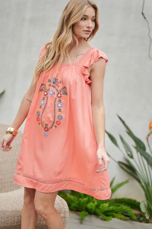 Davi & Dani Embroidered Square Neck Mini Dress