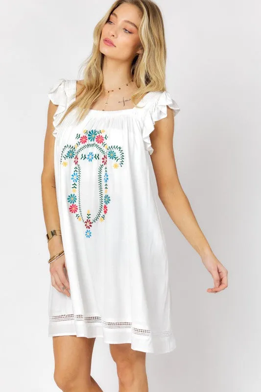 Davi & Dani Embroidered Square Neck Mini Dress
