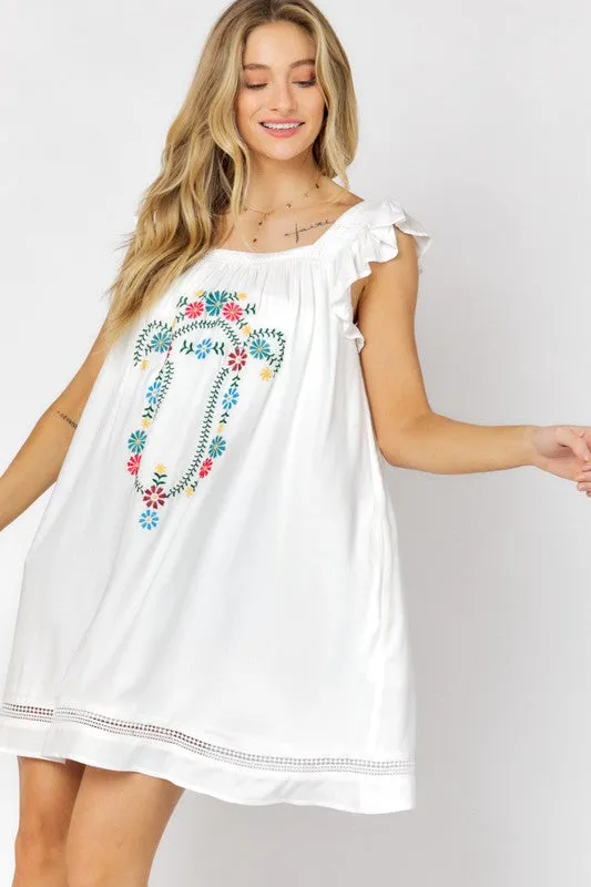Davi & Dani Embroidered Square Neck Mini Dress