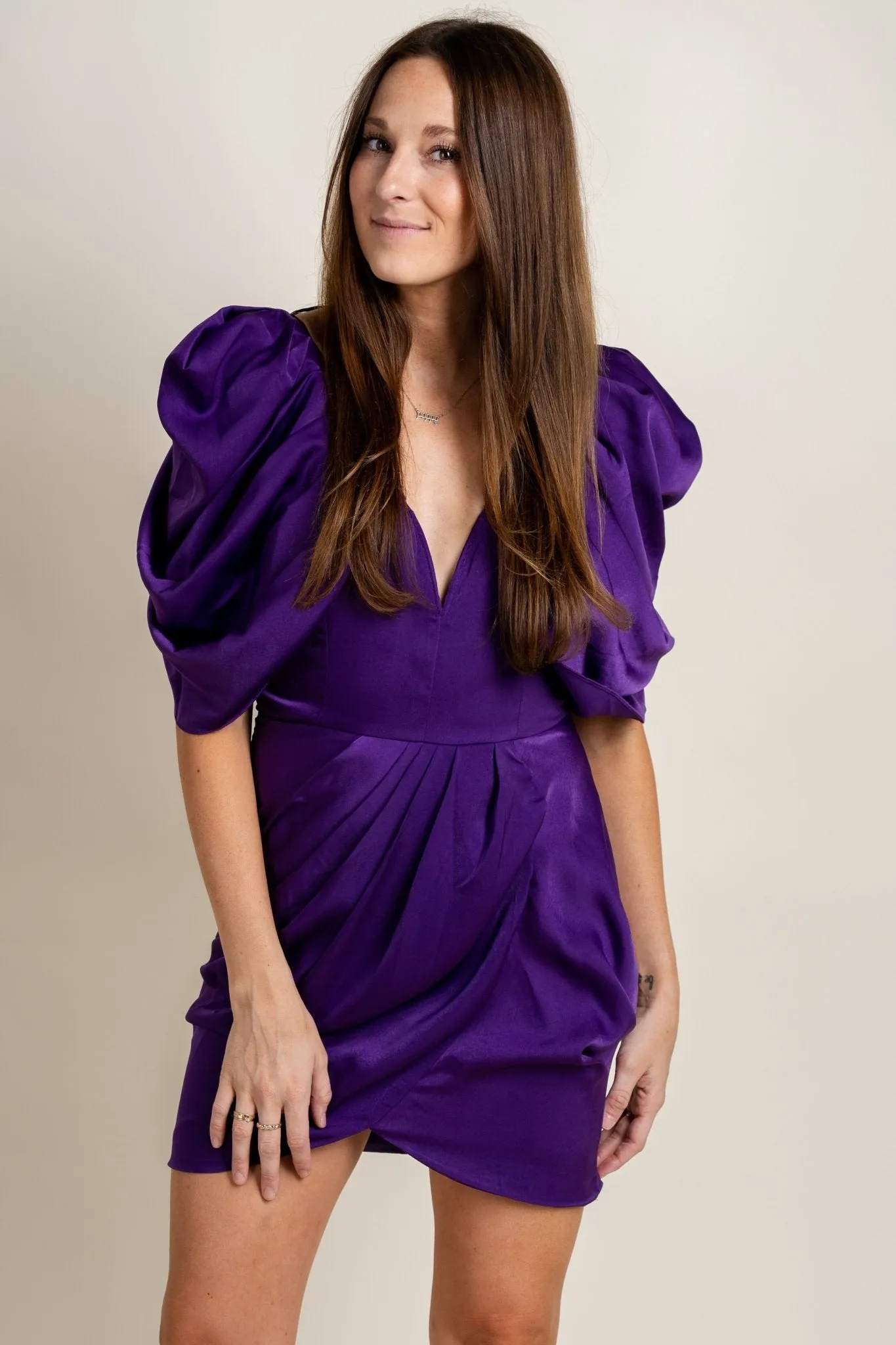 Draped sleeve satin dress purple