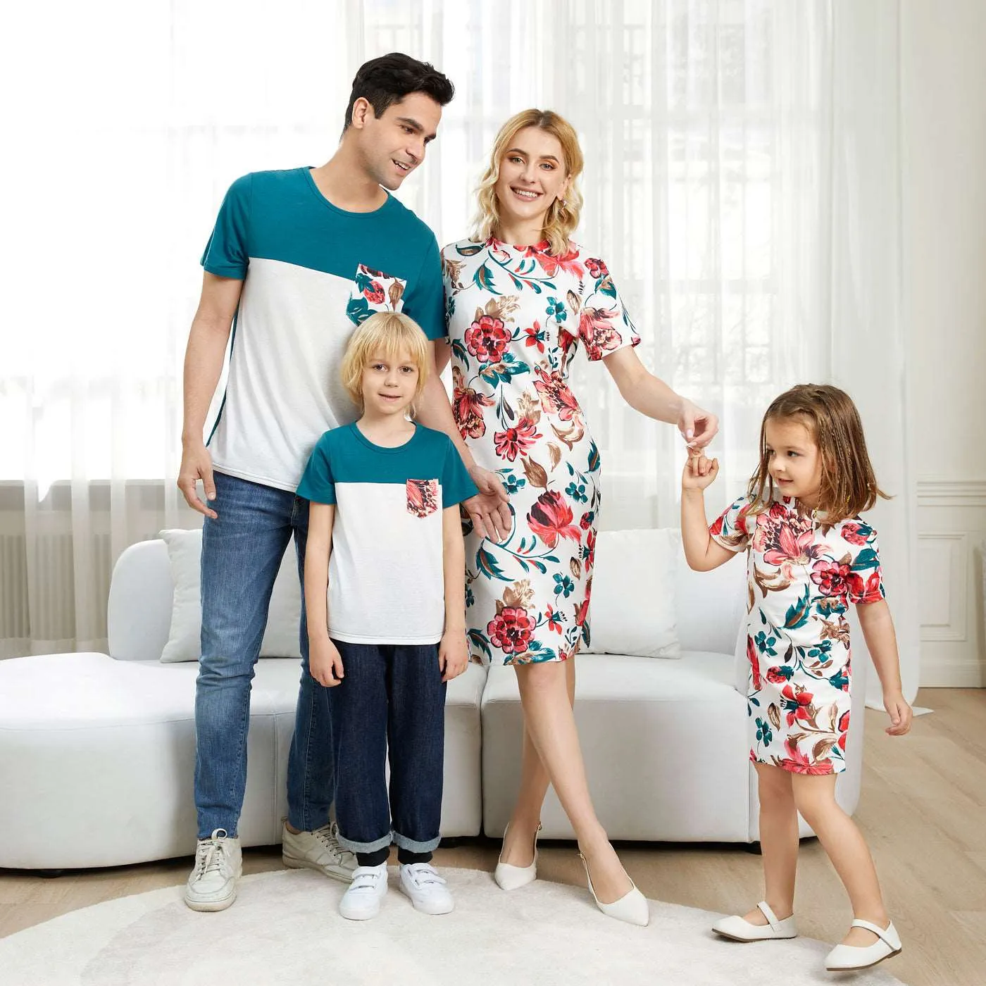 Family Matching All Over Floral Print Short-sleeve Bodycon Dresses and Colorblock T-shirts Sets