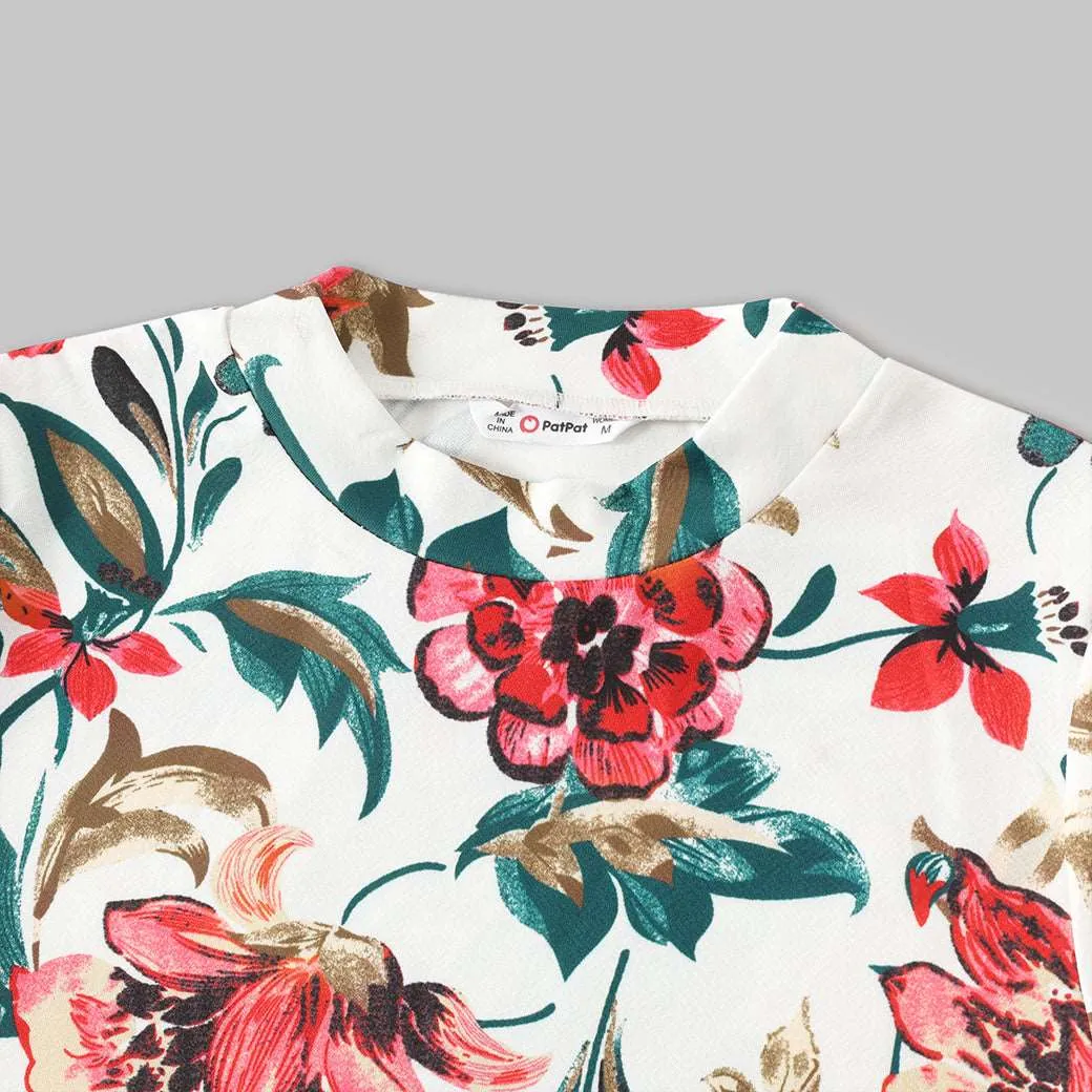 Family Matching All Over Floral Print Short-sleeve Bodycon Dresses and Colorblock T-shirts Sets
