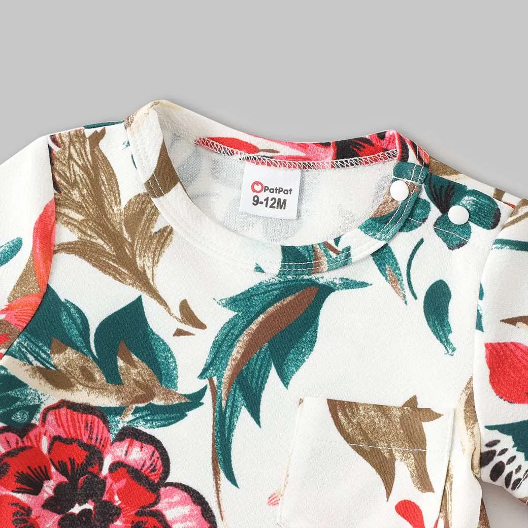 Family Matching All Over Floral Print Short-sleeve Bodycon Dresses and Colorblock T-shirts Sets