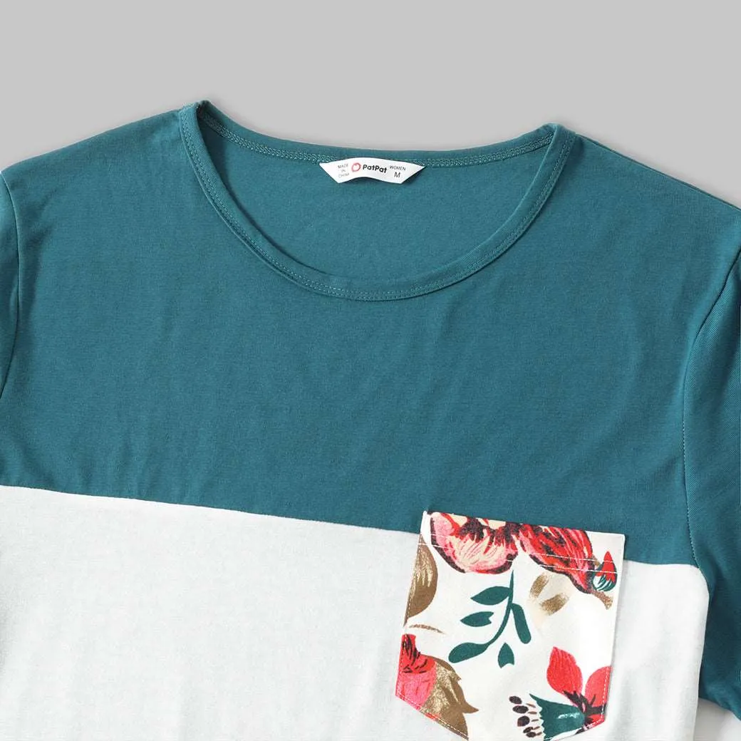 Family Matching All Over Floral Print Short-sleeve Bodycon Dresses and Colorblock T-shirts Sets