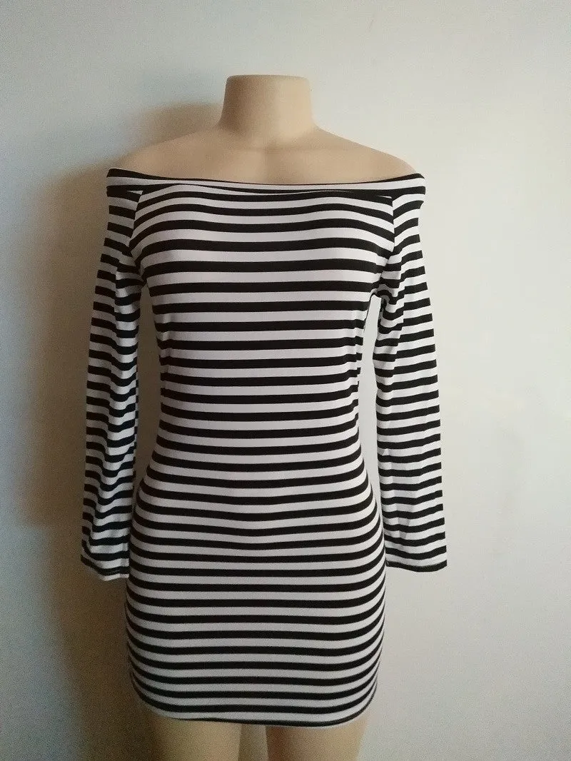 Fashion Off Shoulder Long Sleeve Stripe Short Bodycon Dress