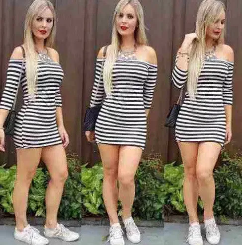 Fashion Off Shoulder Long Sleeve Stripe Short Bodycon Dress