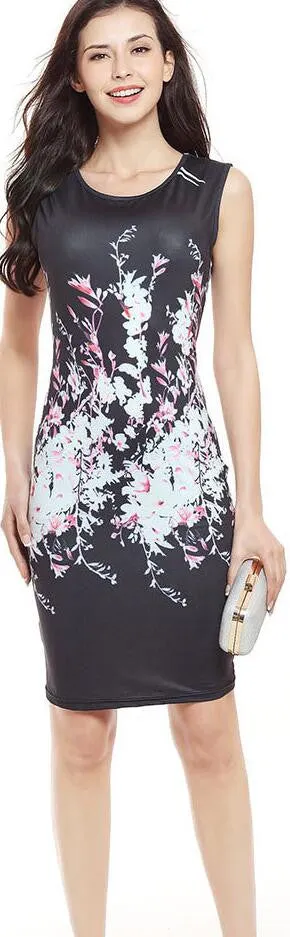 Floral Print Sleeveless Scoop Knee-length Bodycon Dress