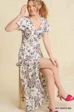 Floral Print Wrapped Short Ruffle Sleeve Maxi Dress