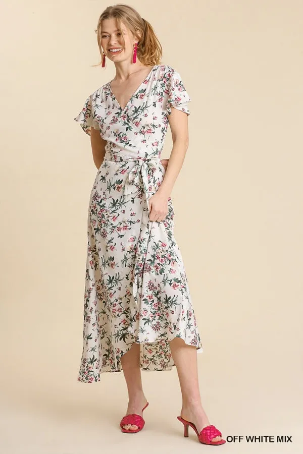 Floral Print Wrapped Short Ruffle Sleeve Maxi Dress