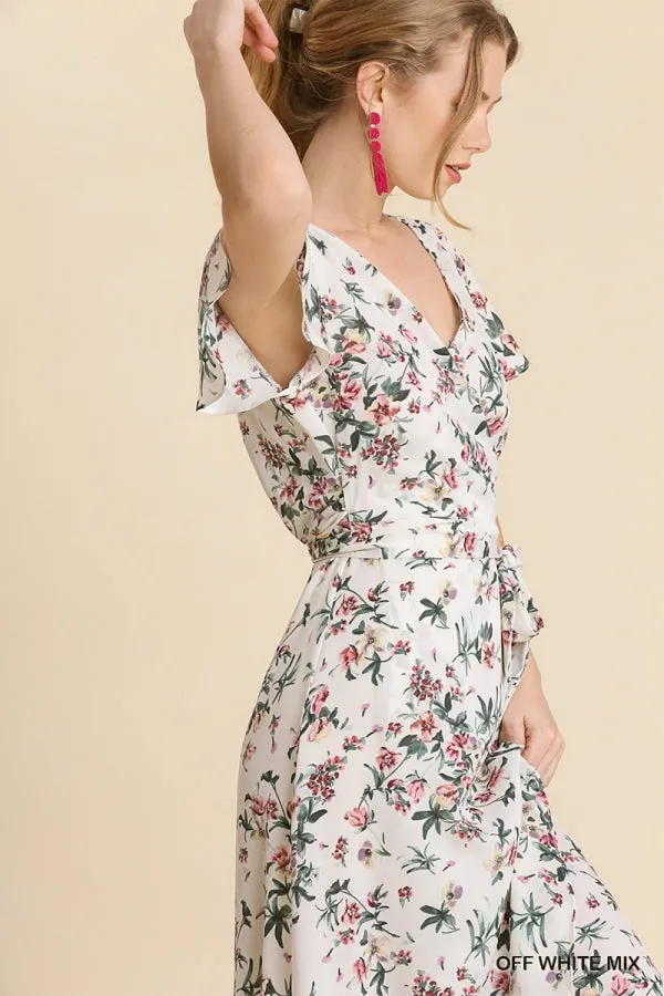Floral Print Wrapped Short Ruffle Sleeve Maxi Dress