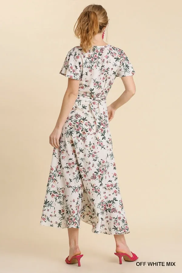Floral Print Wrapped Short Ruffle Sleeve Maxi Dress