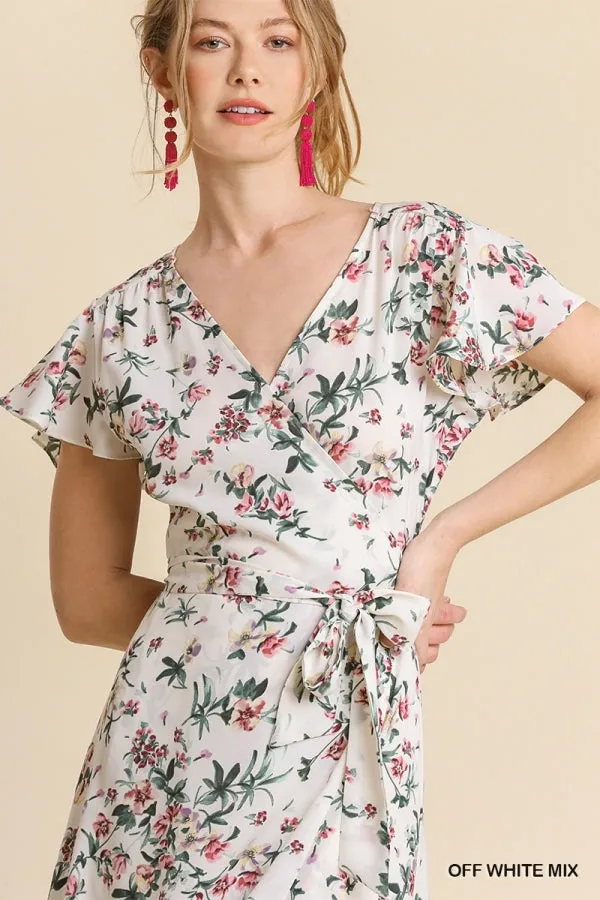 Floral Print Wrapped Short Ruffle Sleeve Maxi Dress