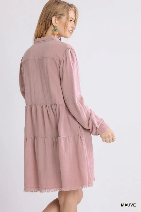 Garment Dye Long Sleeve Button Front Collared Ruffle Dress