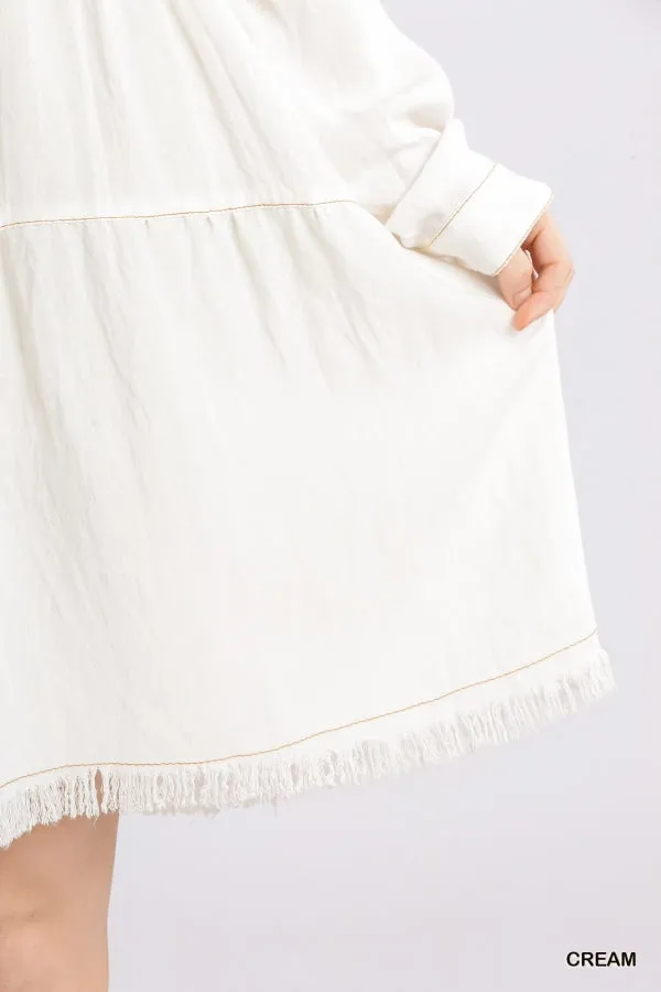 Garment Dye Long Sleeve Button Front Collared Ruffle Dress