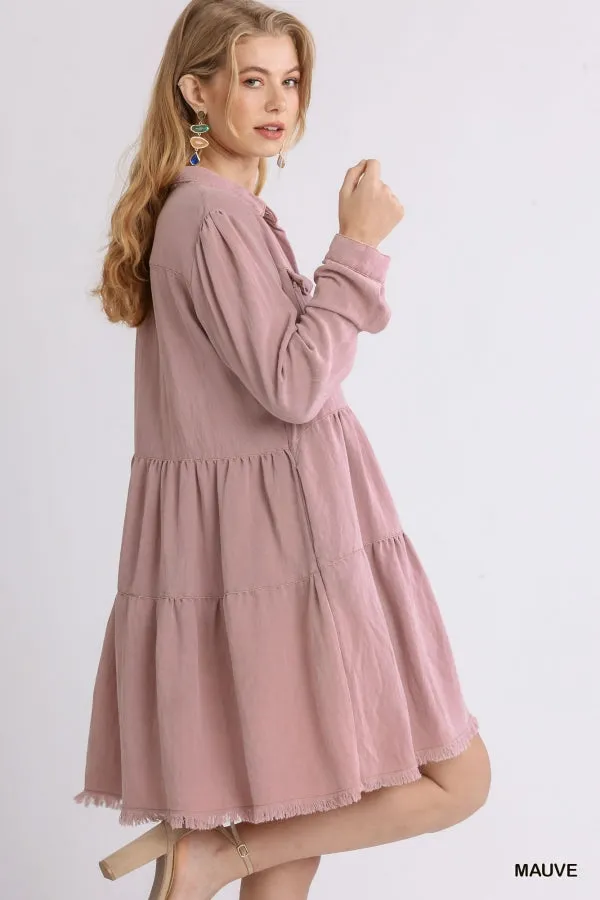 Garment Dye Long Sleeve Button Front Collared Ruffle Dress
