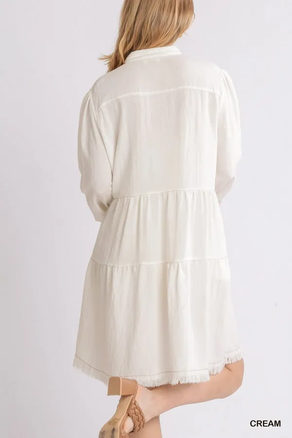Garment Dye Long Sleeve Button Front Collared Ruffle Dress