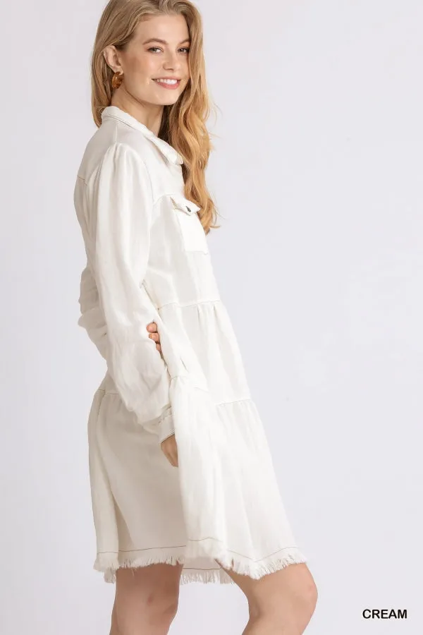 Garment Dye Long Sleeve Button Front Collared Ruffle Dress