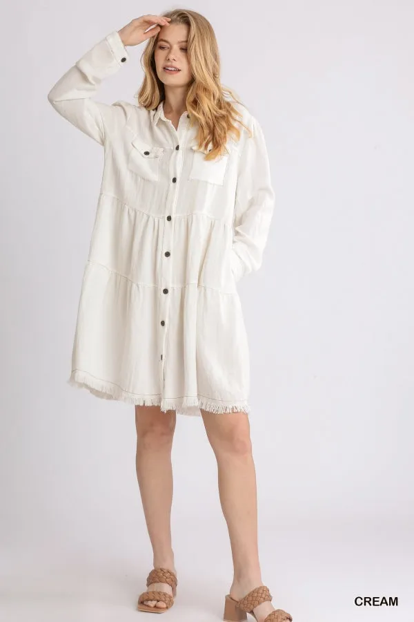 Garment Dye Long Sleeve Button Front Collared Ruffle Dress