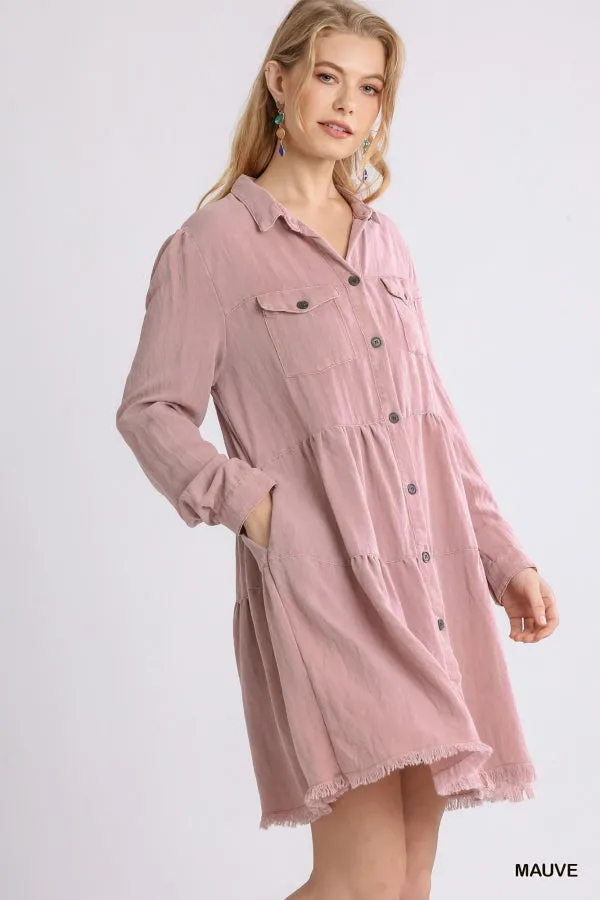 Garment Dye Long Sleeve Button Front Collared Ruffle Dress