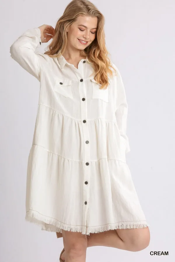Garment Dye Long Sleeve Button Front Collared Ruffle Dress