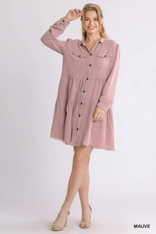 Garment Dye Long Sleeve Button Front Collared Ruffle Dress