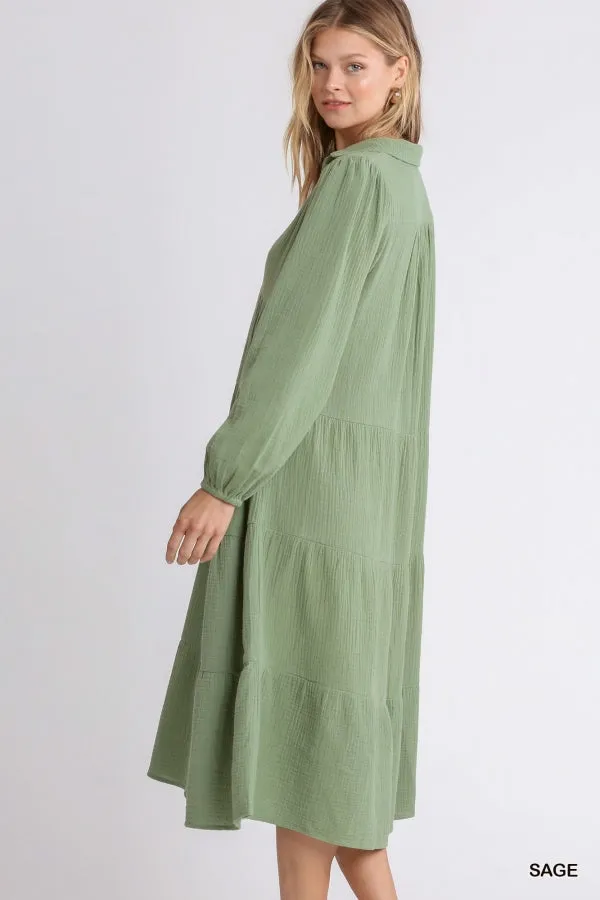 Gauze Long Sleeve Collar Split Neck Tiered Maxi Dress