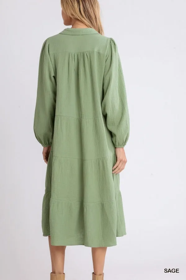 Gauze Long Sleeve Collar Split Neck Tiered Maxi Dress