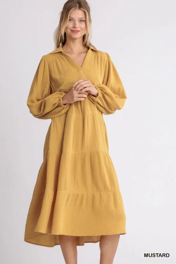 Gauze Long Sleeve Collar Split Neck Tiered Maxi Dress