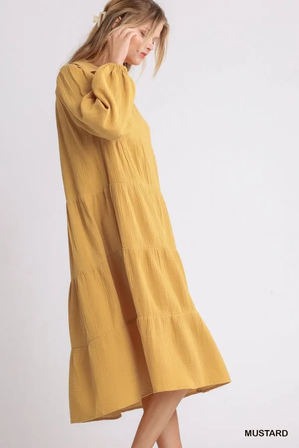Gauze Long Sleeve Collar Split Neck Tiered Maxi Dress
