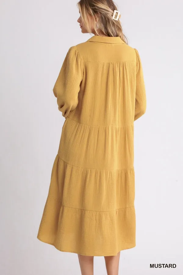 Gauze Long Sleeve Collar Split Neck Tiered Maxi Dress