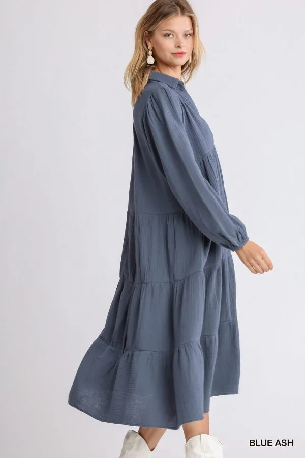 Gauze Long Sleeve Collar Split Neck Tiered Maxi Dress