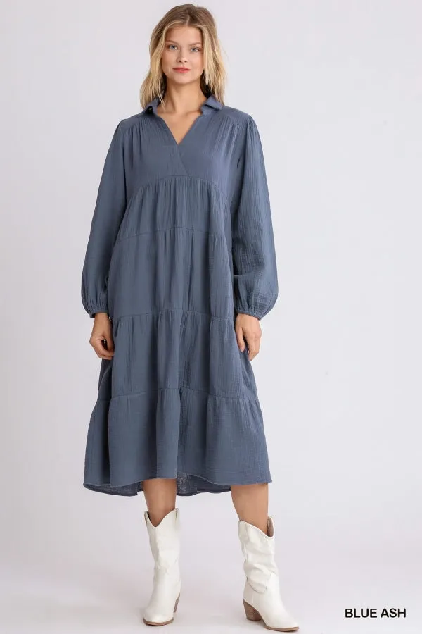 Gauze Long Sleeve Collar Split Neck Tiered Maxi Dress