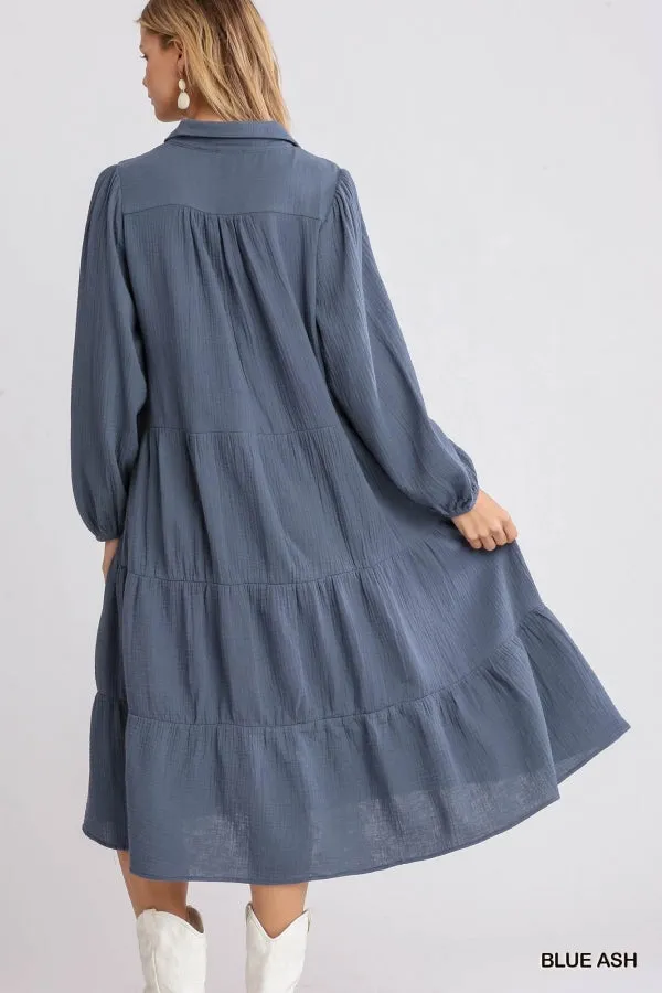 Gauze Long Sleeve Collar Split Neck Tiered Maxi Dress