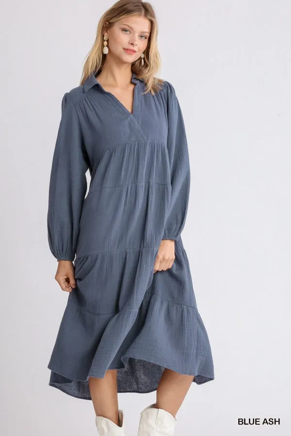 Gauze Long Sleeve Collar Split Neck Tiered Maxi Dress