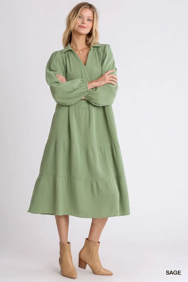 Gauze Long Sleeve Collar Split Neck Tiered Maxi Dress